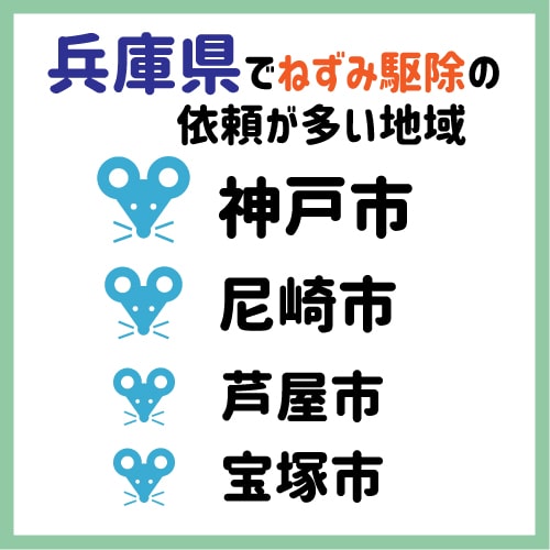 兵庫ネズミ駆除依頼の多い地域1位は神戸市、2位は尼崎市、3位は芦屋市